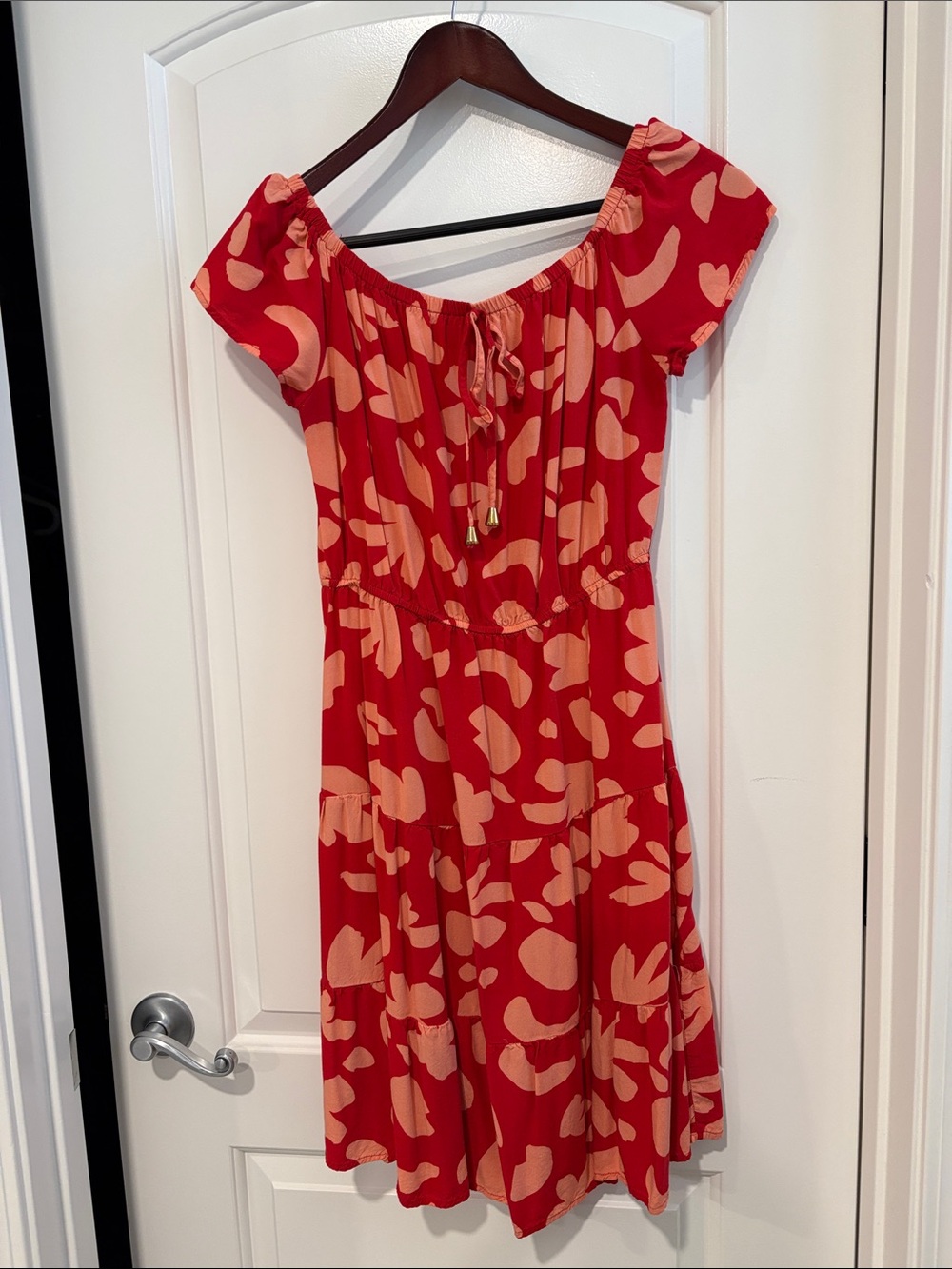Red & Peach Print Midi Dress with Tie Neck